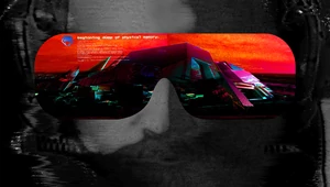 Modern digital artistic print with male portret with sunglasses that reflects a city landscape.