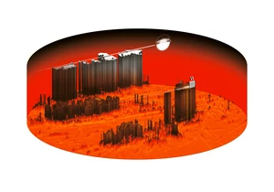 Colorful digital dye print with artistic vision of red planet Mars and greek god of war Ares in isometric view.