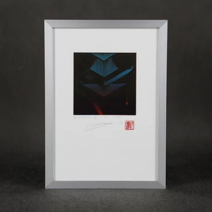 Modern abstract linocut miniprint with isometric cube and a drop of blood in dark environment.