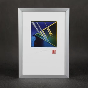 Modern linocut miniprint with colorful abstract geometric forms in isometric view.