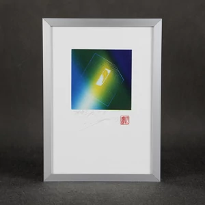 Modern linocut miniprint with stylized electronic chip in blue, green and yellow colors.