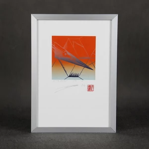 Modern linocut miniprint with abstract, linear, geometric forms on orange background.