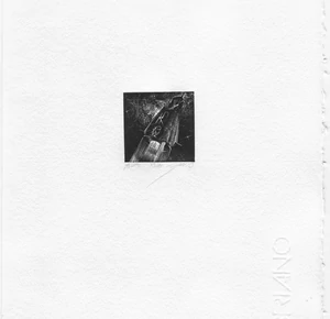 Modern black and white mini linocut print with spaceship crossing space nebulae.