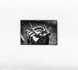 Modern black and white small linocut print with industrial air conditioner.