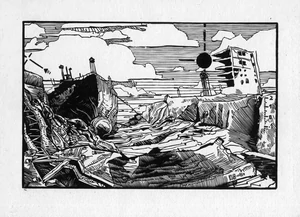 Modern black and white mini linocut print with post-apocalyptic landscape of docks and shipwrecks.