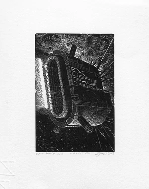 Modern black and white linocut exlibris with spaceship traveling through space.