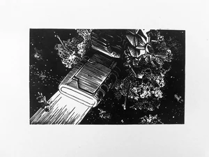 Modern black and white small linocut print with spaceship traveling through space.