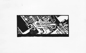 Modern black and white small linocut print with semi-organic labirynth.