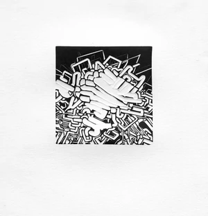 Modern black and white small linocut print with semi-organic node-like shapes.