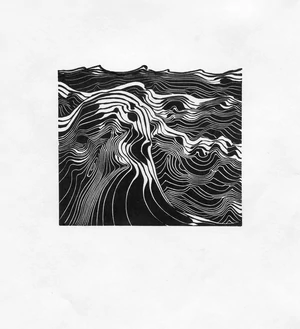 Modern black and white small linocut print with rough ocean.