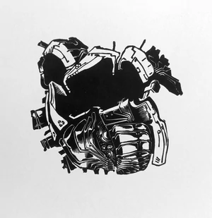 Modern black and white small linocut print with bottomless pit surrounded by machinery.