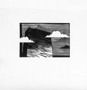 Modern black and white small linocut print with blocky tower building piercing through clouds.