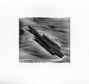 Modern black and white small linocut print with trident-shaped ship cruiser.