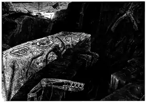 Detailed, black and white linocut of a post-apocalyptic mountain landscape with bottomless pit and destroyed concrete and metal structures.